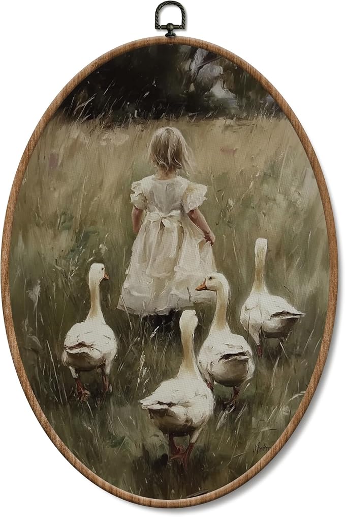 Yorhifa Vintage Farmhouse Girl Duck Framed Wall Art, Cottagecore Country Farm Girl Oval Wall Art, Rustic Duck Oval Walls Decor, Farmhouse Canvas Artwork Hanging Decor, 8.5x11.5in