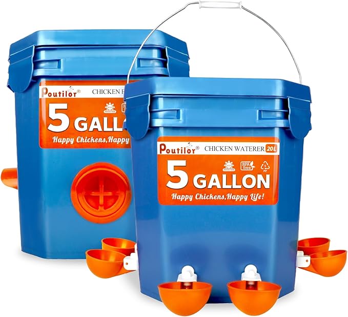 Chick Feeder and Waterer Set Bucket, Automatic Chicken Waterer 5 Gallon, No Waste Poultry Feeding System, Hanging Chicken Feeder Kit with Cups and Ports, Chicken Coop Accessories, 44Pound