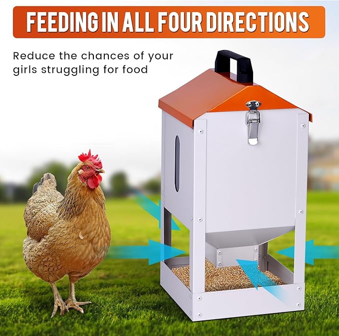 Galvanized Automatic Chicken Feeder No Waste 20lbs Large Metal Chicken Feeders Trough Dispenser Outdoor Poultry Feeders with Visual Window and Weatherproof Lid for Chickens Ducks Geese Turkeys Quails