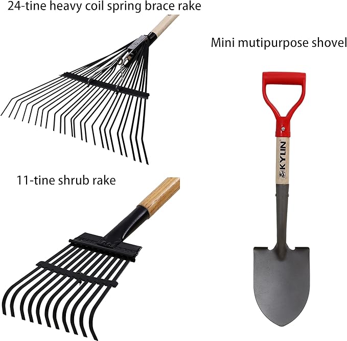 GardenAll 7-Piece Shovels Rakes Hoe Set Long Wood Handle Garden Tools Set Gifts for Women Pointy Shovels for Digging Short Handle Shovel Meteal Rakes Cultivator Set