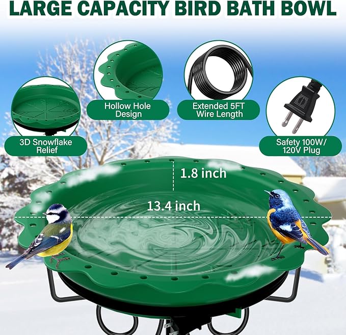Heated Bird Bath for Outside Winter, Powerful 100W Thermostat Control Heated Bird Baths for Outdoors with 5-Prong Metal Stake, Heated Birdbath Water Heater for Garden Yard Patio Lawn (Green)