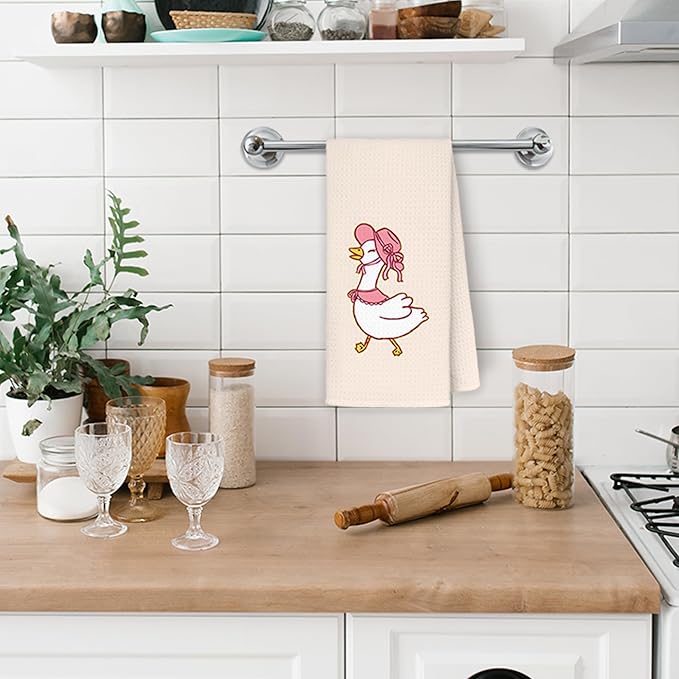 Funny Silly Goose Kitchen Towels, Coquette Pink Goose Hand Towels for Bathroom Kitchen, Cute Farm Animal Geese Decorative Dish Towels Drying Cloth, 16x24 Inch