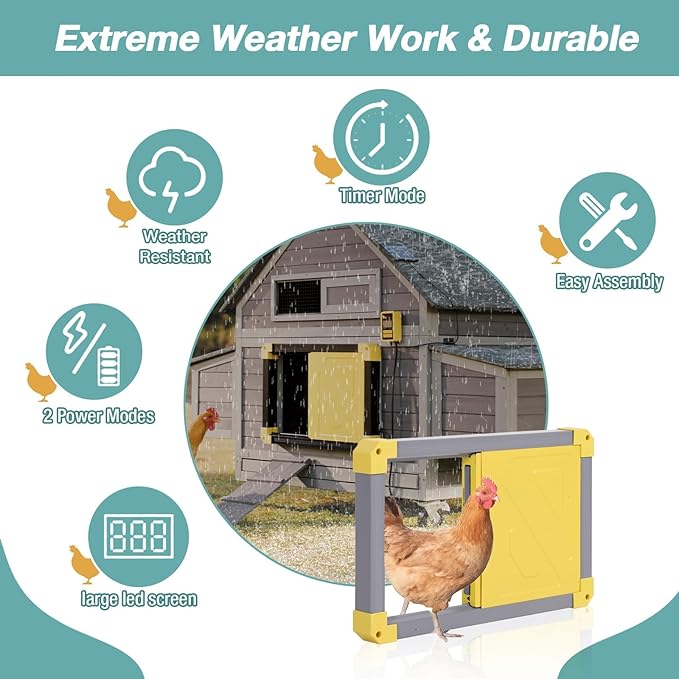 Automatic Chicken Coop Door, Solar Powered Automatic Chicken Door with Timer Mode, Battery Powered LCD Screen, Anti-Pinch Design, Waterproof, Easy Installation (Grey)