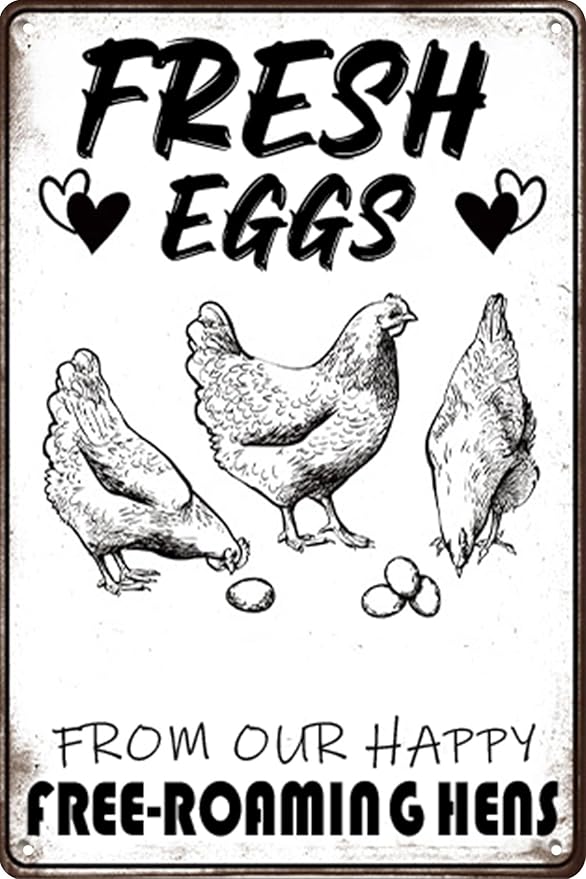 Retro Funny Chicken Tin Sign,Vintage Chicken Coop Metal Poster, Farm Wall Art Decor for Outdoor Home Fence Kitchen Bedroom,Gifts 8×12 Inches (FRESH EGGS)