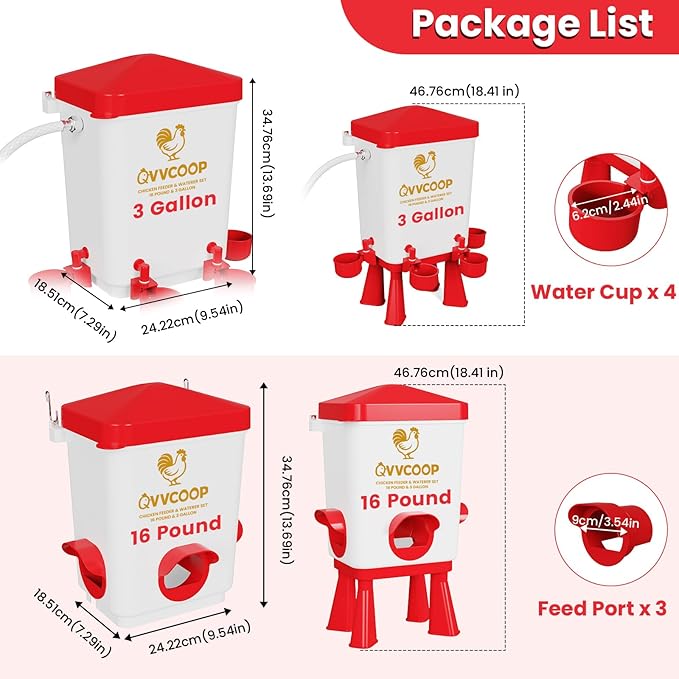 Chicken Feeder, Chicken Waterer with Float Valve, Automatic Poultry Feeder and Waterer Set for Duck Turkey, Chicken Coop Accessories, 3 Gallon Set(Upgraded), Red