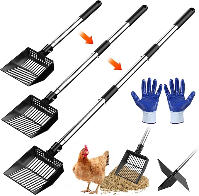 Metal Chicken Poop Scooper Heavy Duty Sifting Shovel Chicken Accessories Cleaning Tools Adjustable to 41.3" Long Handle Poop Shovel for Poultry Litter Scooper Supplies