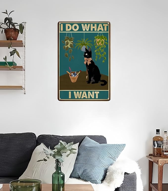 Cat Signs Gifts, I Do What I Want Cat Wall Art, 12x8 Inches, Tuxedo Cat Decor for Bedroom Garden Funny Cat Gifts