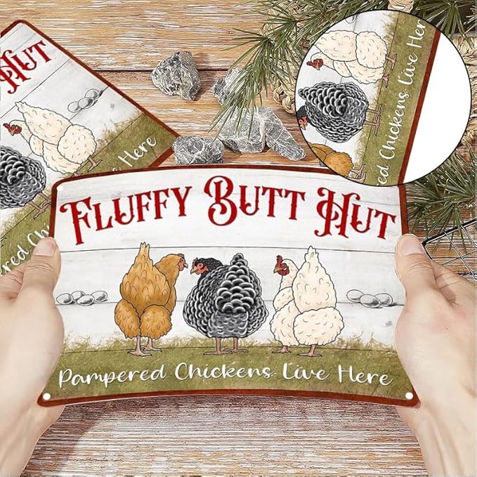 Fluffy Butt Hut Metal Tin Sign Funny Chicken Coop Sign For Home Decor Kitchen Decoration Wall Art Farm Farmhouse Vintage Decor Chicken Coop Accessories 12X8 Inch