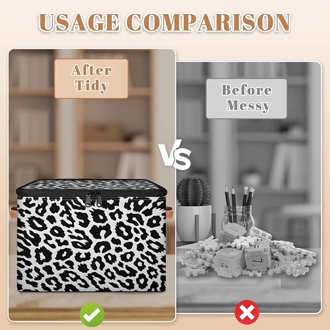 Storage Cubes with Lid Fabric Storage Bins Boxes PU Leather Handles, Leopard Textures Closet Organizer Container Foldable Washable Shelf Cloth Basket, Leopard Print