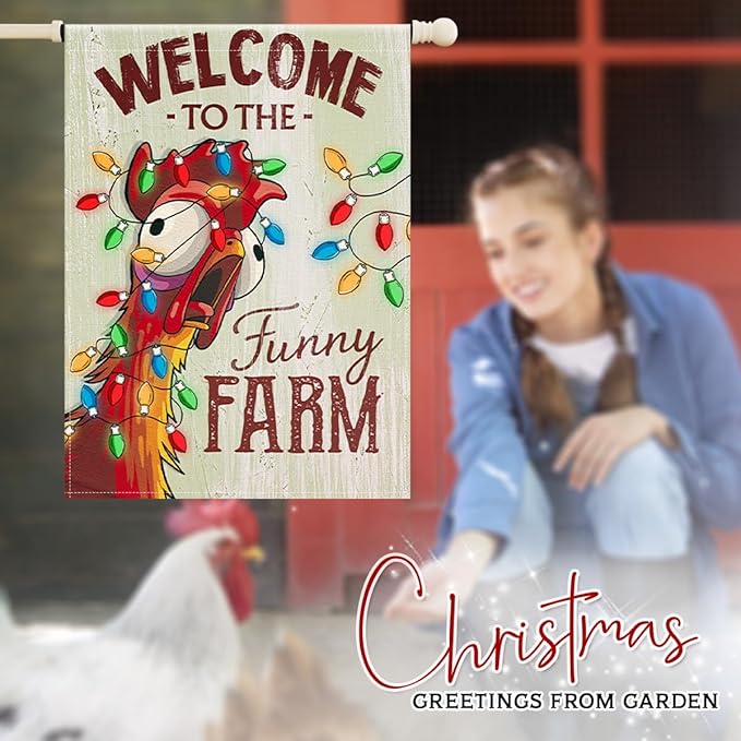 Christmas Welcome Flag - Fun Xmas Farmhouse Animal with Holiday Lights Garden Flags - Rustic Chicken Coop Décor Outside - Welcome to the Funny Farm Sign