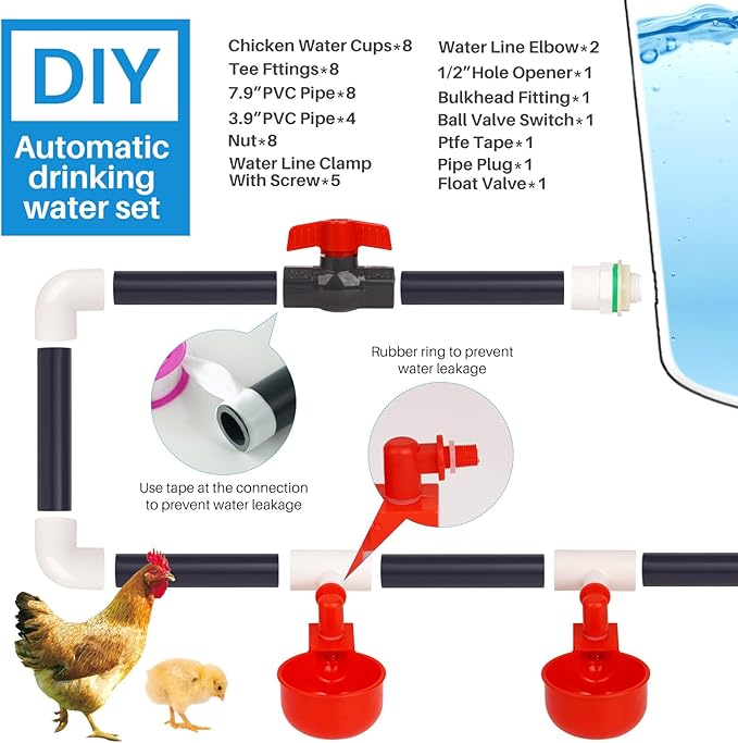 8 Chicken Water Cups Feeder Automatic Chicken Waterer System with Tee Fittings,PVC Pipe, for Quail Duck Poultry Watering Chicken Water Nipples Chicken Coop Water Dispenser