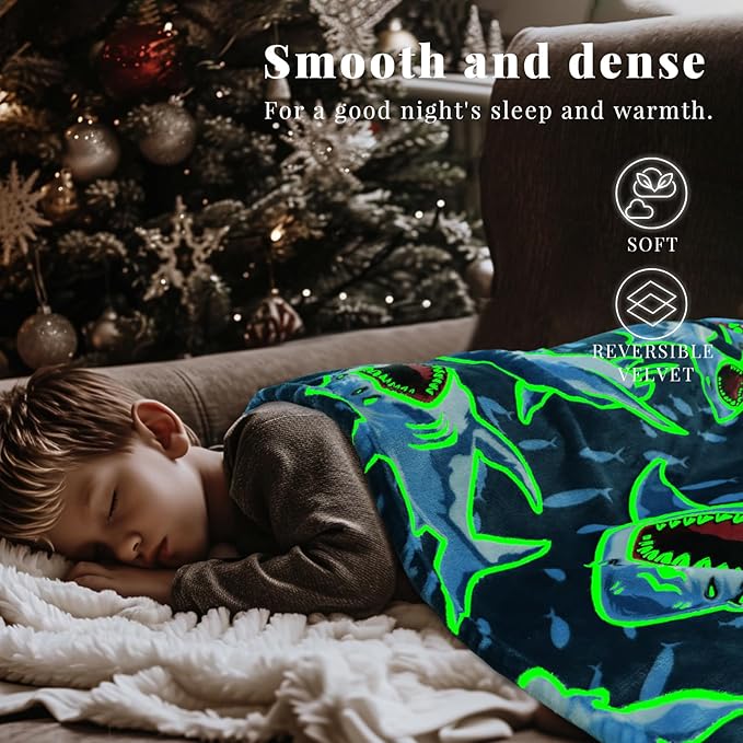 Glow in The Dark Shark Blanket for Boys Age 7-16, Large 60x80 Ocean Sharks Decor, Easter Birthday Gifts for Men Women Shark Lovers, Soft Plush Fleece Sharks Toys for Twin Full Bed