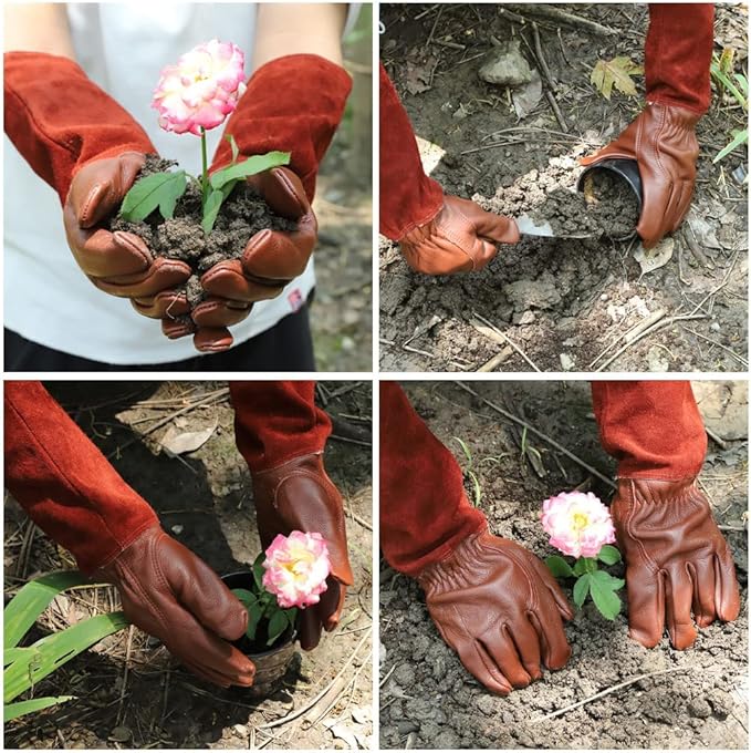 Thorn Proof Gardening Gloves for Men & Women, Long Cowhide Leather Rose Pruning Gloves with Forearm Protection, Puncture Resistant Gauntlets for Cacti, Blackberries & Yard Work(chocolate brown,Large)