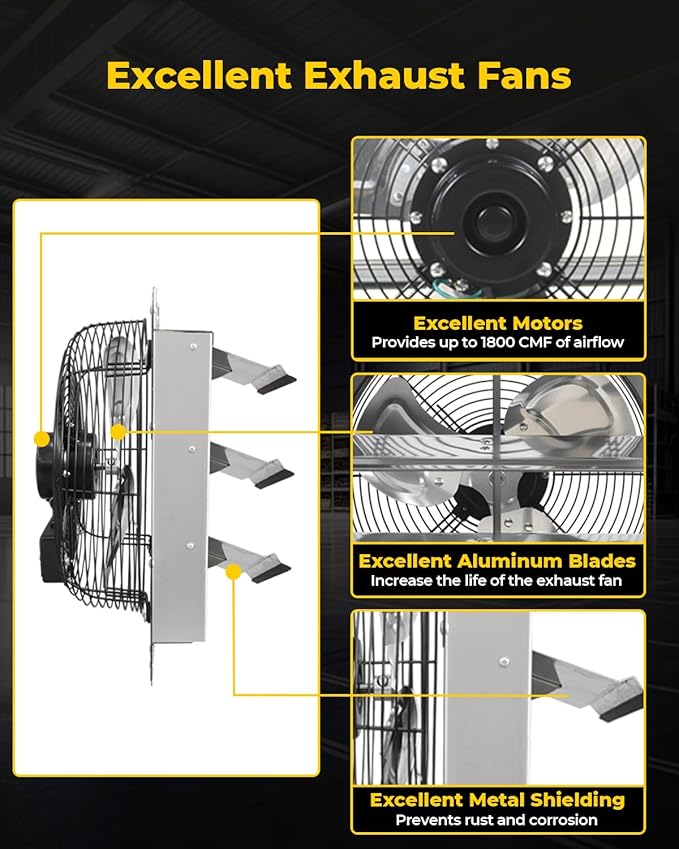 VENTISOL 12 Inch Wall Mounted Shutter Exhaust Fan, Aluminum Blades, 1800CFM, Automatic High Speed Household Ventilation Fan for Garages, Shop, Greenhouse, Attic
