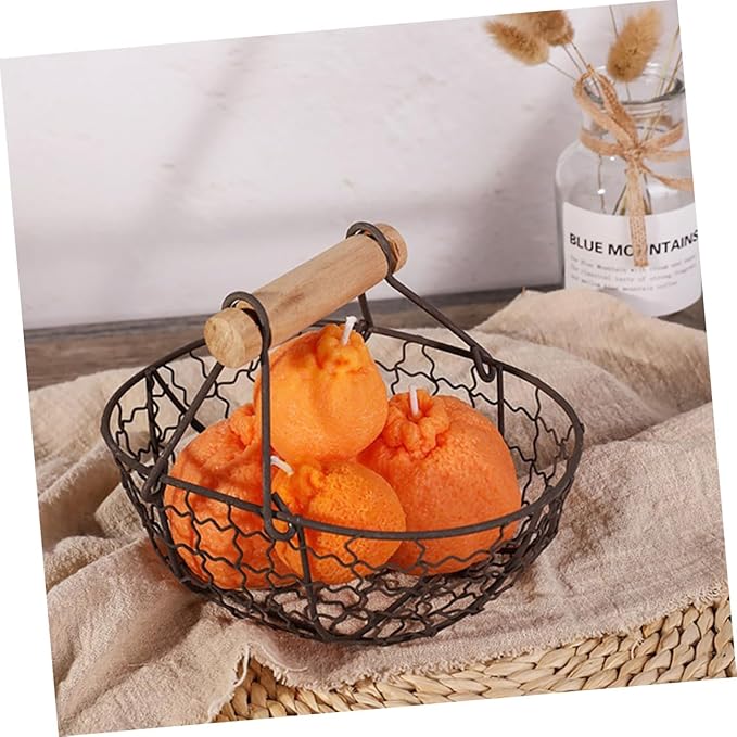2pcs Vintage Iron Wire Storage Basket with Wooden Handle, Small Multi-function Farmhouse Style Egg and Fruit Basket for Kitchen Countertop Organization