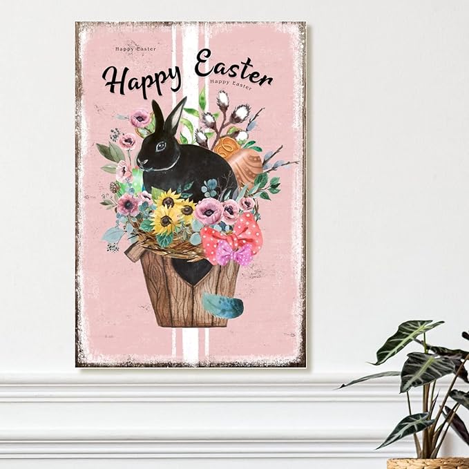 Happy Easter Flower Basket Bunny Home Wall Art Plaques French Style Floral Pink Stripes Wall Art Decor Sign Spring Farmhouse Decor Easter Bunny Wall Decor Sign for Bedroom 8x12in