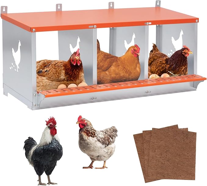 Chicken Nesting Box for Laying Eggs - 3 Room Chicken Laying Boxes, Nesting Boxes for Chickens, Heavy Duty Metal Chicken Coop (31.8" L x 17" W x 15" H)