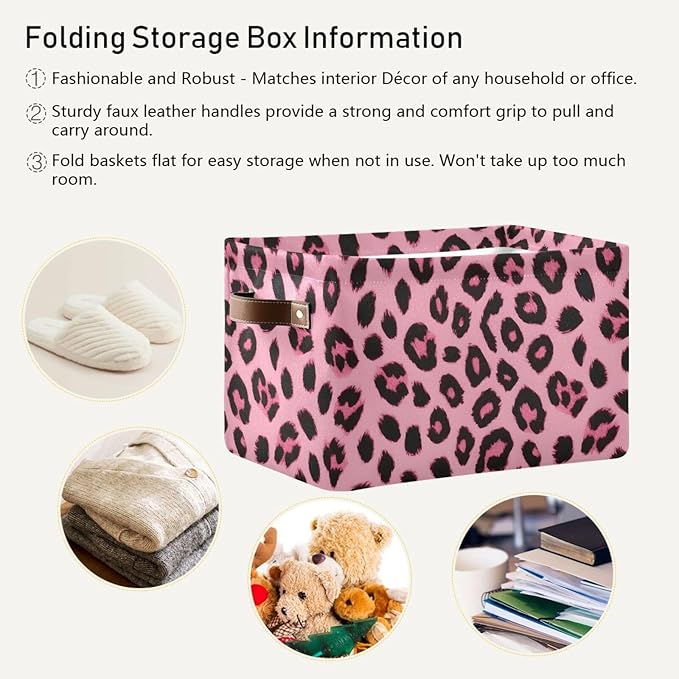 JIPONI Pink Leopard Print Fabric Storage Bins for Shelves, Decorative Storage baskets for organizing, Closet Organizer with Handle for Cloth, Toys, Bedrooms, Farmhouse