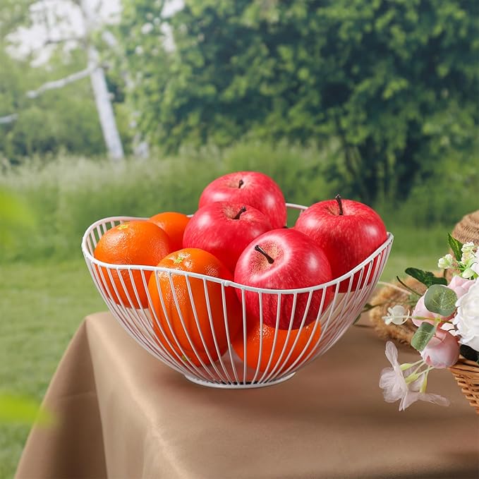 IBWell High Style Curved-Edge Modern Creative Stylish Single Tier Dish,Metal Iron Wire Fruit Vegetables Bread Decorative Stand Serving Bowls Basket Holder (White)