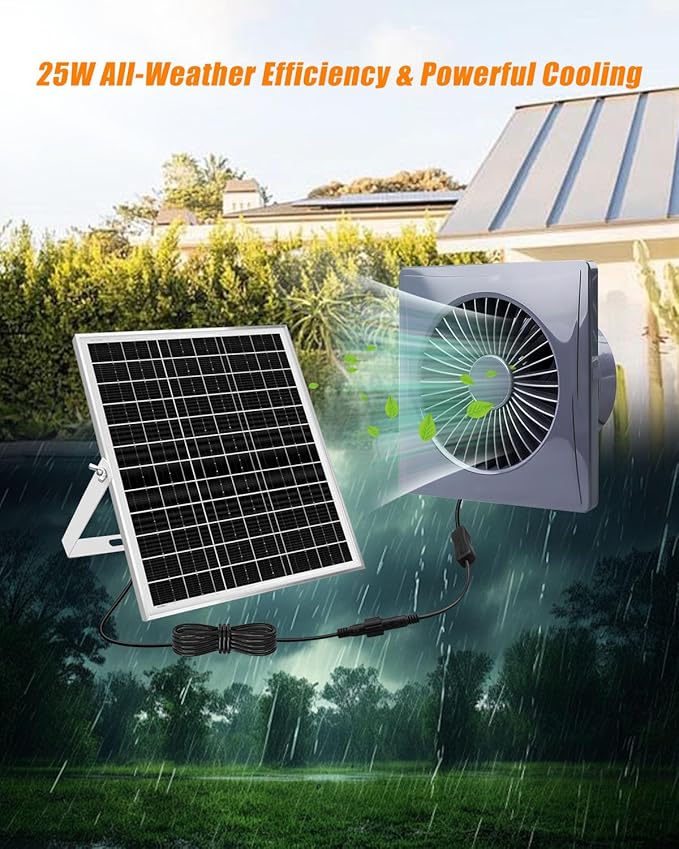 8" Solar Fan for Greenhouse, Coop and Attic – 25W Solar Panel and 10FT Adapter, High-Speed Waterproof Exhaust Fan with Anti-Backflow Valve