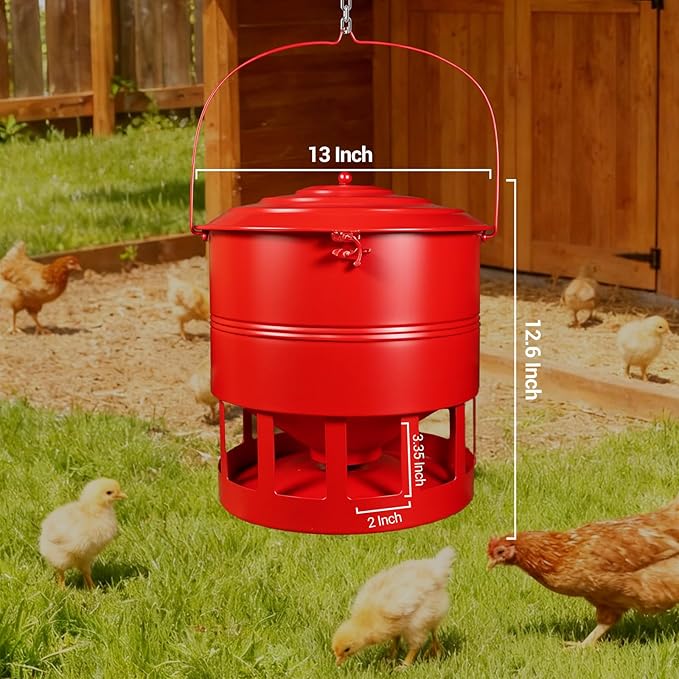 Metal Hanging Chicken Feeder No Waste, Rain-Proof Automatic Chicken Feeders, No-Spill Poultry Feeder, Rat Proof Gravity Chicken Feeder with 12 Ports for Farm & Backyard Chicken Coop