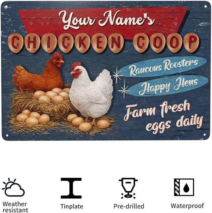 Custom Name Chicken Coop Sign Farm Fresh Eggs Daily Raucous Roosters Happy Hens Retro Tin Metal Plaque Country Farmhouse Wall Decor For Backyard Poultry Lovers