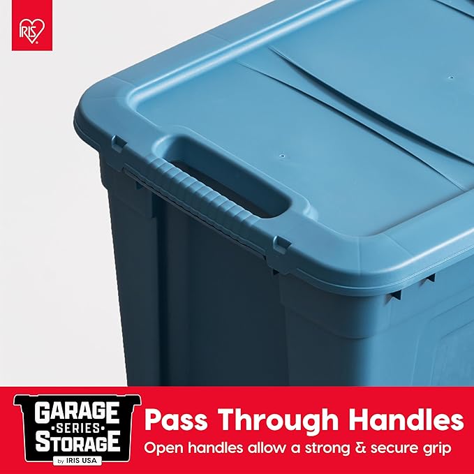 IRIS USA 20 Gallon Eco-Friendly Heavy Duty Storage Totes with Easy-Grip Handles, 4 Pack - Large Bins with Lids Garage Organizing Tubs, Durable Stackable Utility Containers, Made in USA - Navy
