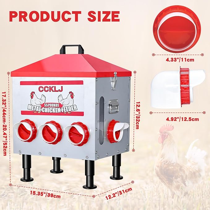 55 LBS Automatic Chicken Feeder with Large View Window, 8 Anti-Waste Feed Ports, Adjustable Secure Lid for Poultry Feed Storage
