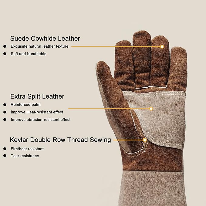 Leather Welding Gloves for Men and Women, BBQ Gloves Fireproof and Heat Resistant Mitts for Cooking, Firefighting, Fireplace, Oven, Baking, Stove, Pot Holder, Yark Work Thorn Proof