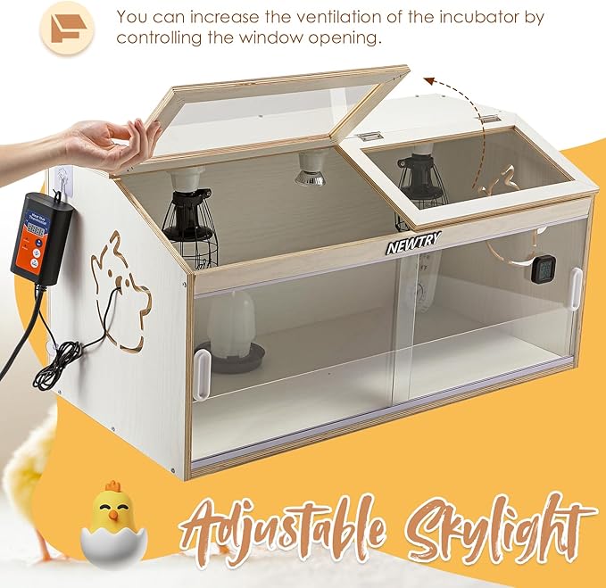 NEWTRY Chicken Brooder Box 32” Intelligent Sliding-Door Chick Brooder with 3 Heating Lamp, 1 Temp Controller, 2 Types of Thermometer Brooder Box up to 35 chicks Quail Birds