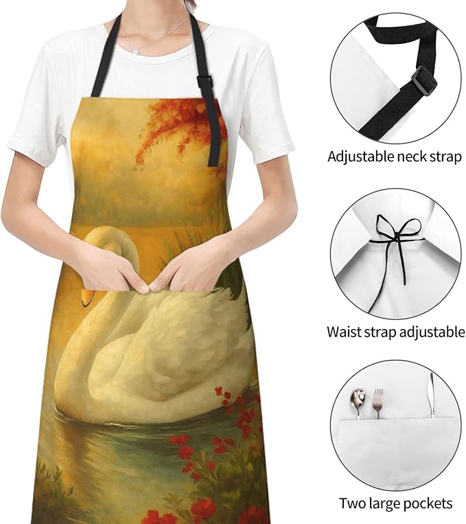Serene Swan In Stream Adjustable Waterproof Apron Work Cooking Apron With Pockets For Men Women
