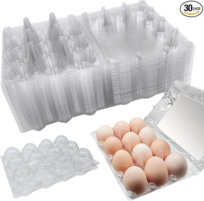 30 Pack Plastic Egg Cartons with Sticker Labels for 12 Eggs，Containers Cheap Bulk for Egg Storage and Transport Refrigerator, Family, Chicken Farm, Market, Camping