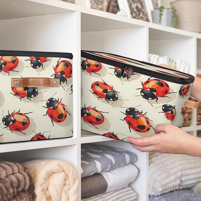 Storage Cubes with Lid Fabric Storage Bins Boxes PU Leather Handles, Cute Ladybird Closet Organizer Container Foldable Washable Shelf Cloth Basket, Red LabyBirds Ladybugs