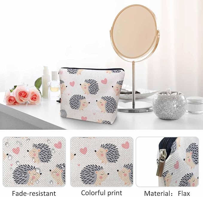 Hedgehog Makeup Organizer Bag Cosmetic Bag For Men Women, Cute Animal Hedgehogs Grey Travel Toiletry Bag Flax Makeup Bags Purse Business Makeup Pouch For Toiletries Cosmetics