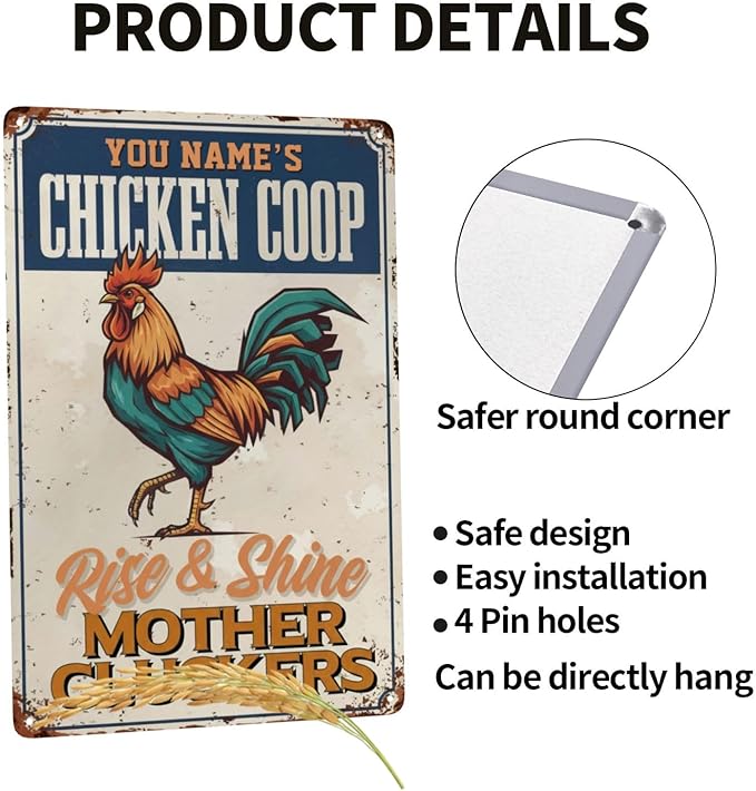 Custom Name Chicken Coop Metal Sign Rise And Shine Mother Cluckers Funny Vintage Tin Plaque Wall Art for Backyard Barn Chicken Coop Home Decor Gift