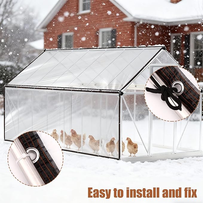 Waterproof Chicken Coop Cover for Winter, 300x200cm/6.6x10in Tear-Proof & Windproof Run Sidewalls Insulation with Rope & Cable Tie Wrap Tarp Winterizing Accessories for Outdoor Poultry Cage (Clear)