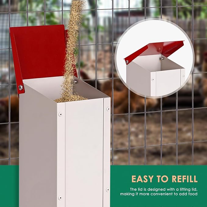Galvanized Chicken Feeder Hanging Chicken Coop Feeder Automatic Gravity Feeder Outdoor Weatherproof Metal Poultry Feeder with Lid Holds 8Lbs of Feed, No Waste Design