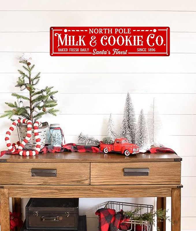 North Pole Milk and Cookie Co Metal Tin Sign Vintage Funny Christmas Sign for Cafe Home Bar Farmhouse Christmas Art Wall Decoration Retro Poster 4x16 Inch