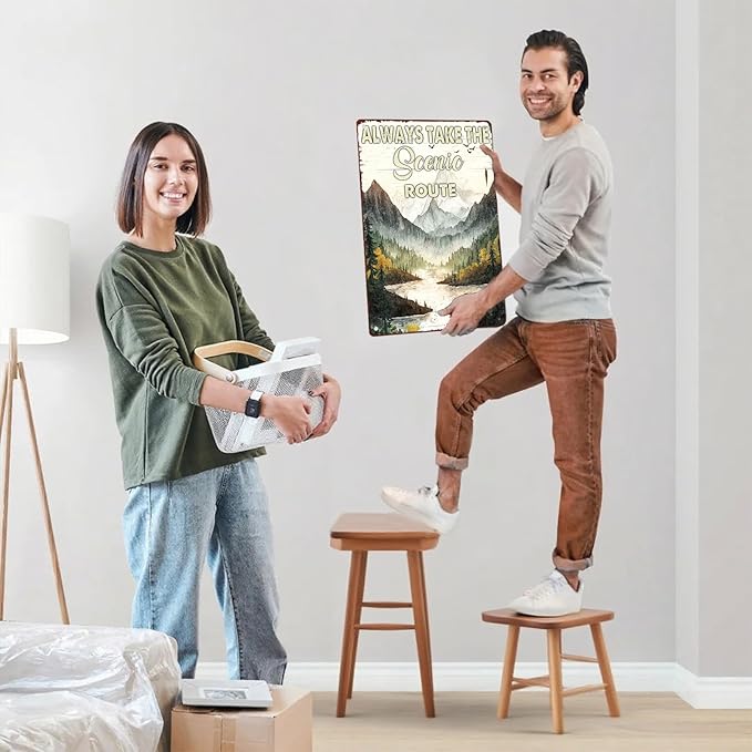 Camping Metal Tin Sign Always Take the Scenic Route Vintage Sign for Home Camper Cafes Bars Pubs Shop Wall Decorative for Men Women 12X16Inch
