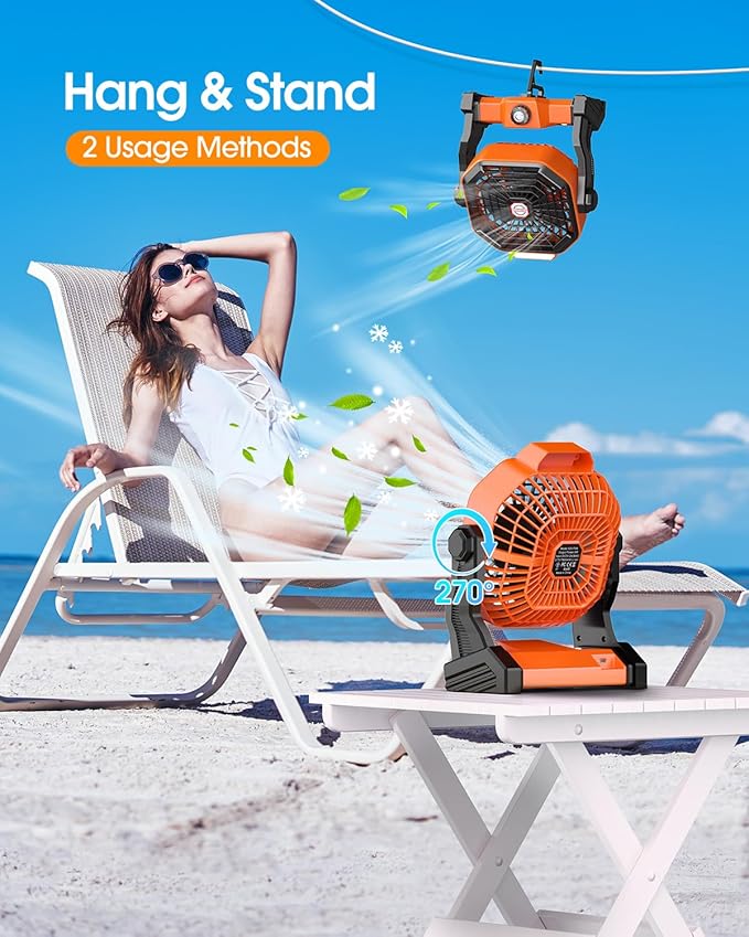 Drchop Solar Camping Fan, 【Max 60H Runtime】 10W Solar Powered Fans with Solar Panel, Rechargeable Fan & Led Lantern, Battery Operated Powered Outdoor Tent Fans for Camping Summer Essentials (Orange)