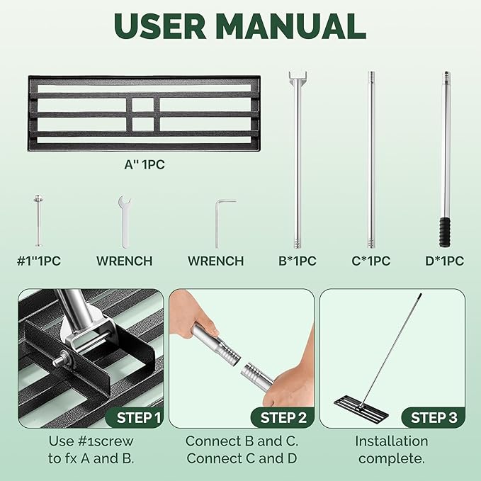 Lawn Leveling Rake Heavy Duty 30x10 Inch, Reinforced Welds, 73" Adjustable Leveler Tool with Stainless Steel Handle for Lawns, Backyard, Garden, Golf Course, Farm, Level Soil or Dirt Ground Surfaces