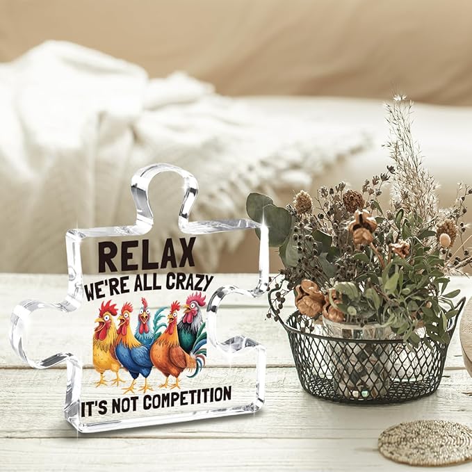 Funny Rooster Farmhouse Kitchen Sign Decor Relax We're All Crazy It's Not Competition Acrylic Sign For Gothic Boho Rustic Home Farm Chicken Coop Decor