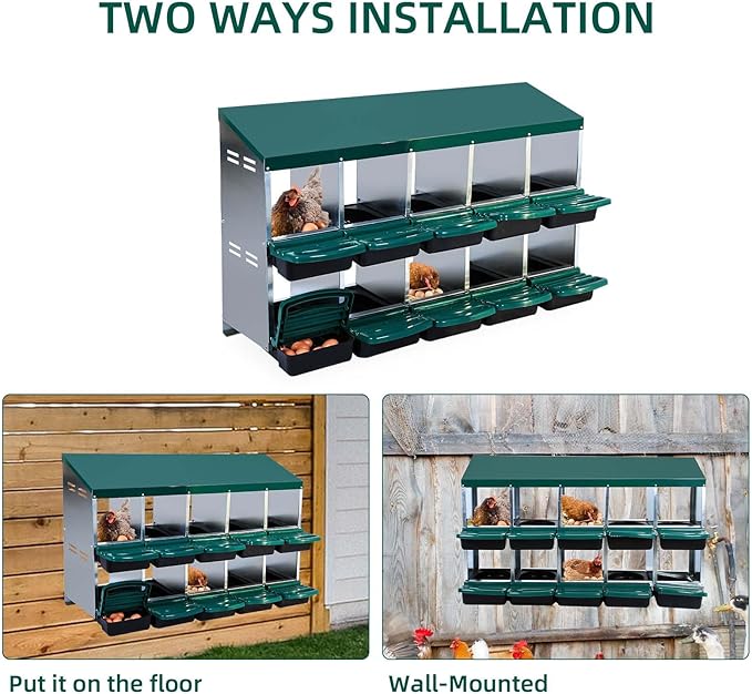 Nesting Boxes for Chickens, Chickens Laying Boxes for Chicken Coop, 10 Compartments Chicken Nesting Boxes, with Removable Tray, Easy Cleaning, for Hens Outdoor Chicken Coop Farm Yard, Green