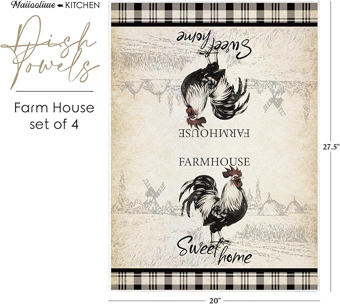 4 Pcs Vintage Kitchen Towels Decorative Set Chicken Rooster Dish Towels, Vintage Rustic Tea Cloth Decor, 27.5x20 Inch Farmhouse Absorbent Decoration Hand Towels (Farmhouse)