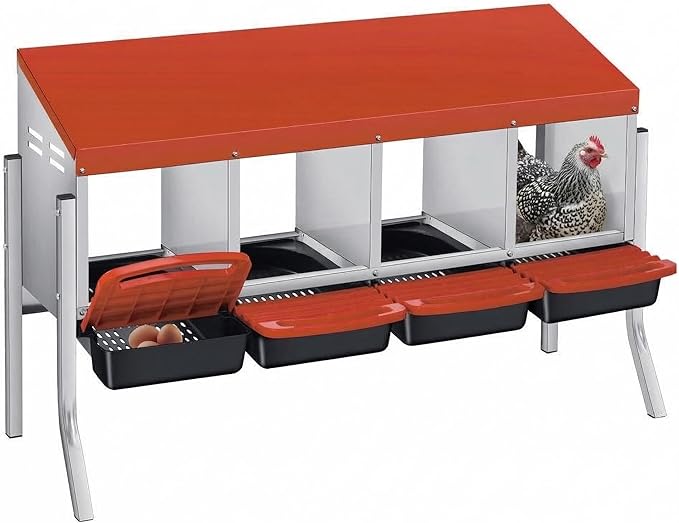 Chicken Nesting Boxes with Rollout Egg Collection – 4-Compartment Metal Hen Nest Box with Removable Trays, Slanted Roof & Ventilation, Wall Mount or Standing for Backyard Poultry Coop, Orange