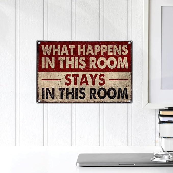 Funny Room Wall Decor Metal Sign What Happens In This Stays Vintage Style 12 x 8 Inch Bedroom Dorm Man Cave Door Decoration For Men And Women Aluminum Art Kitchen