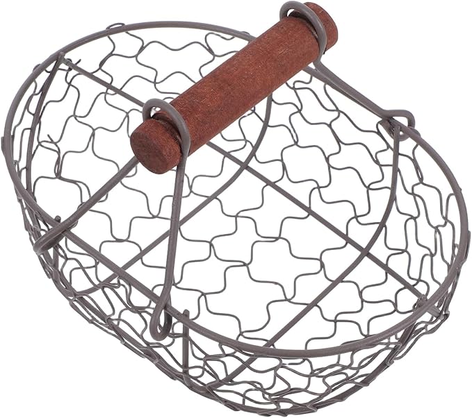 Zerodeko Egg Basket - Egg Collecting Basket Vintage Style Storage with Wooden Handle Round Metal Fruit Collecting Flower Arangment for Home Countertop Holder Container