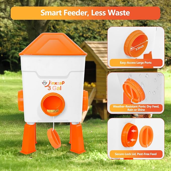 3 Gallon Chicken Feeder and Waterer Set with Legs, 2.75'' Water Cups & 3.5" Feed Ports, Automatic No-Waste Feeder, Large Chicken Water Feeder, Easy No-Tools Assembly