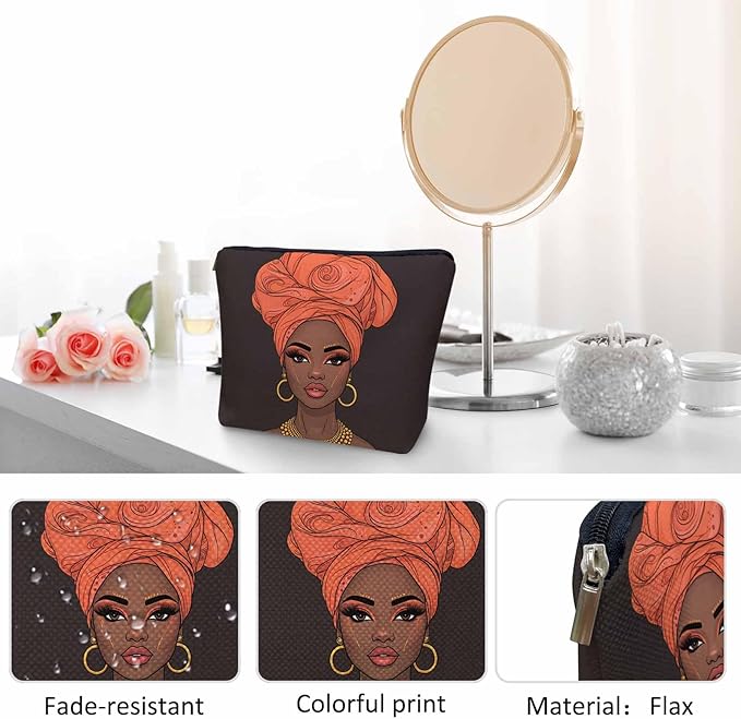 Makeup Bag African American Woman Makeup Bags For Purse Pouch, Black African Woman Sexy Lips And Turban Travel Toiletry Bag Cosmetic Bag Makeup Bags Flax Makeup Organizer Bag Pencil Pouch