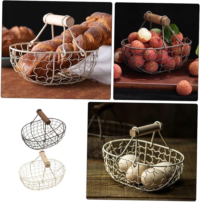 2pcs Retro Farmhouse Style Storage Baskets with Wooden Handles, Vintage Metal Wire Fruit and Vegetable Organizer for Kitchen Pantry, Snack and Egg Holder Set